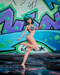 bikini girl cartoon in a graffiti wall background full body picture