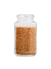 glass jar with instant coffee in granules, without cover. Isolated on a white background