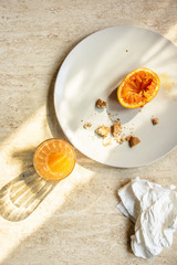 Dirty and empty dishes after party breakfast . Real life concept at home. 