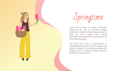 Obraz na płótnie Canvas Woman holding basket of pink flowers, girl full length view with blossom, female in casual clothes in springtime, standing model papercard vector