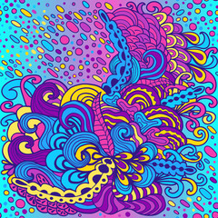 Seamless pattern in doodle style. 60s hippie psychedelic art. Vector. Print for fabric