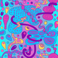 Naklejka na ściany i meble Seamless pattern in doodle style. 60s hippie psychedelic art. Vector. Print for fabric