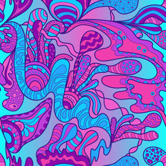 Seamless pattern in doodle style. 60s hippie psychedelic art. Vector. Print for fabric
