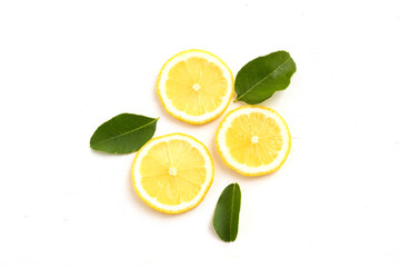fresh lemon and green leave fruit flat lay food concept isolate on white background