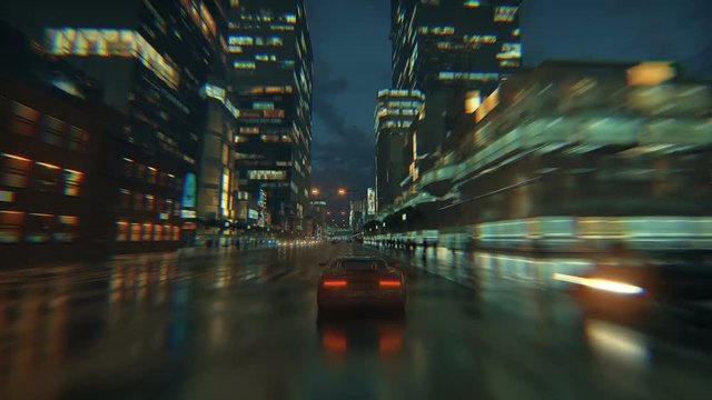 3d fake Video Game. Racing simulation. night city. lights after rain. part 2 of 2.