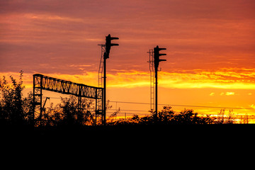sunset in railway traction and semaphore