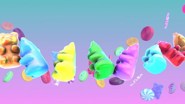 Seamless funny animation of candies,striped sweets, gummy bears and lollipops isolated with alpha channel