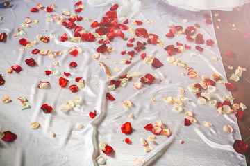 Roses petals lying on white satin background. Wedding details. Engagement proposal decoration.