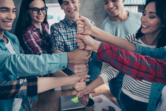  Close up portrait of college students girl partners education partnership have coaching exercises gesture place fists together show strength comfort office wear casual shirts spectacles