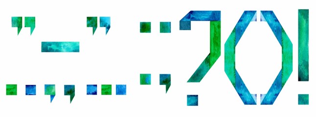 Watercolor punctuation marks (period, question mark, exclamation point, comma, semicolon, colon, parentheses, apostrophe, quotation): on white background. Illustration.