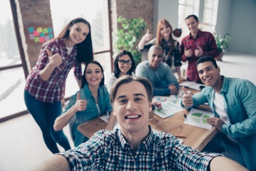 Self-portrait of nice stylish attractive cheerful business sharks executive managers in casual...