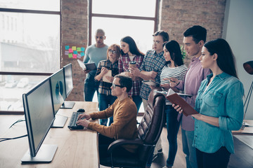 Profile side view of nice stylish attractive busy smart clever intelligent confident specialists managers wearing casual analyzing data research at industrial loft interior workplace workstation