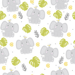 Seamless pattern with cute elephant and tropical leaves. For printing on fabric. For children's clothes. - 259747945