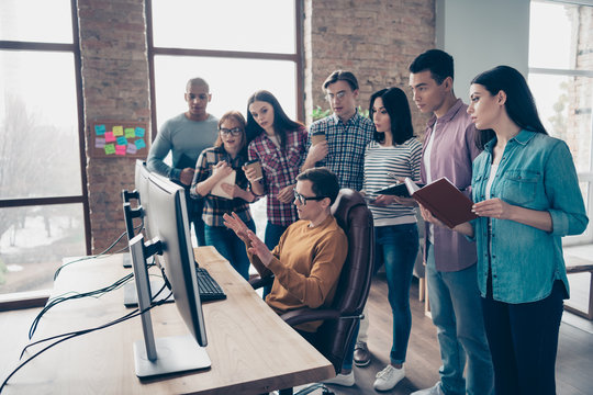 Nice stylish trendy attractive smart clever specialists managers sharks wearing casual analyzing making financial finance data research at industrial loft interior workplace workstation