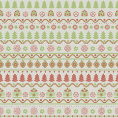 Seamless vector  holiday pattern with Christmas symbols. Repeating stripes - green and red background.