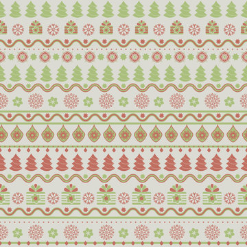 Seamless vector  holiday pattern with Christmas symbols. Repeating stripes - green and red background.