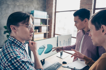 Close up photo diversity races business people financial faculty smart clever minds discuss interested curious diagram lesson screen share ideas genius development strategy investment  formalwear