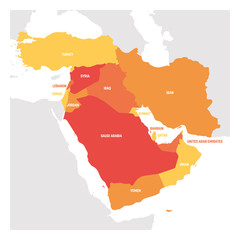West Asia Region. Map of countries in western Asia or Middle East. Vector illustration
