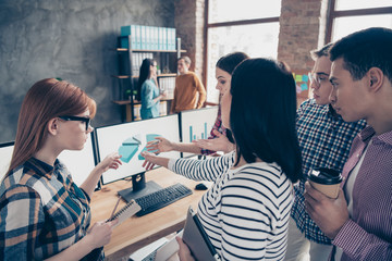 Close up photo business people process decision testing results financial faculty advanced class smart clever minds conference diagram explain ideas genius report development investment formal wear