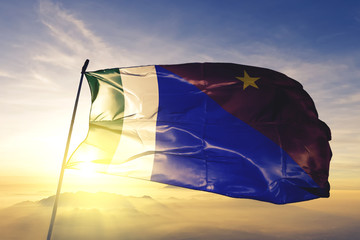 Milne Bay province of Papua New Guinea flag waving on the top sunrise mist fog