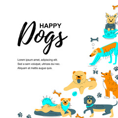 Vector illustration with hand drawn sketch cute doggies. Place for  text. Banner for pet shop, invitation, dog cafe, show, grooming, flyers.