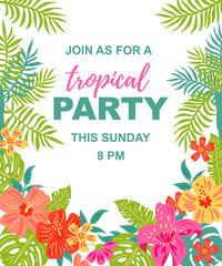 Bright jungle flowers and palm leaves. Tropical party vector illustration. Place for your text. Seasonal template for vacation, poster, banner, flyer, invitation. Flat and line style.