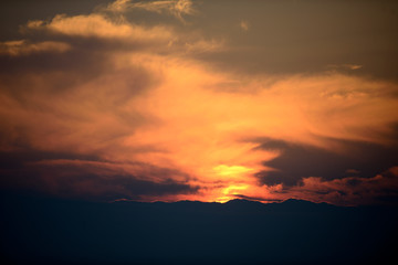 Storm clouds in the light of dawn on a dawn of early spring days. Vitoria-Gasteiz (Alava) Basque Country, Spain
