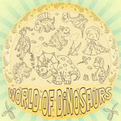 contour illustration_40_coloring of small dinosaurs and trees, plants, stones, for design in the style of Doodle in a circular ornament