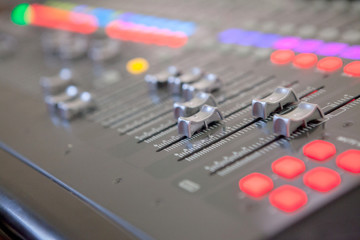 Sound recording studio mixing desk. Music mixer control panel
