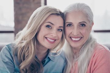 Close up photo two amazing she her ladies mom granddaughter child granny grandmother hugging hold...