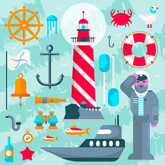Nautical vector design elements with sailor and boats, helms and lighthouses for sailors day.Lifebuoy, anchor, gull, crab, steering wheel, rum, binoculars, jellyfish