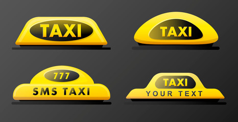 Taxi 3d roof sign. Icon set taxi sign on black background. Taxi sign on the roof of car. Vector illustration. © Morzan