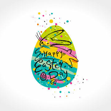 Happy Easter funny illustration. Easter bunny jumping on the background egg silhouette and paint drops. Vector template with gift easter egg and colorful sweet dressing illustration imitating pen draw