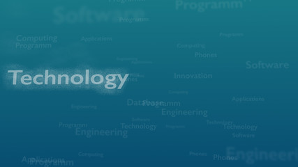 Light blue background with different words, which deal with technology. Close up. Copy space. 3D.