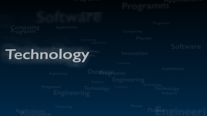 Deep blue background with different words, which deal with technology. Close up. Copy space. 3D.