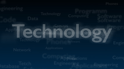 Deep blue background with different words, which deal with technology. Close up. Copy space. 3D.