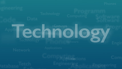 Light blue background with different words, which deal with technology. Close up. Copy space. 3D.