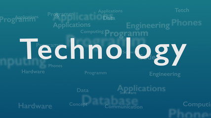 Light blue background with different words, which deal with technology. Close up. Copy space. 3D.
