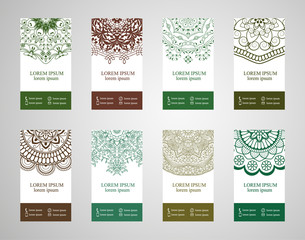 Set of banners with ethnic ornaments and patterns of the mandala. Vector decorative card or invitation design. Islam, Arabic, Indian, Turkish. Antiques, paintings, jewelry. Easy to use and edit
