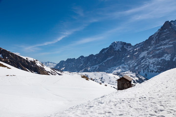 Fototapeta na wymiar Ski hut shop center at First peak in Grindelwald , Berne Switzerland