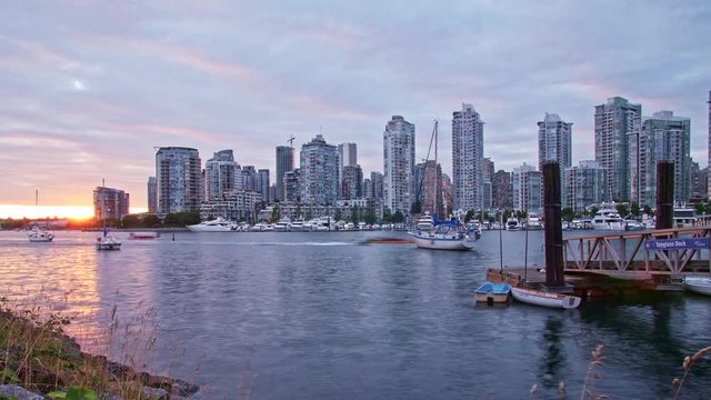 Timelapse of False Creek and City Skyline at sunset, Vancouver, British Columbia, Canada