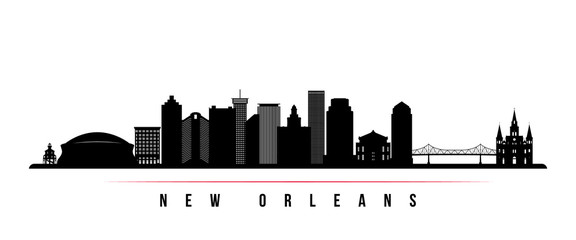 New Orleans city skyline horizontal banner. Black and white silhouette of New Orleans city, USA. Vector template for your design.