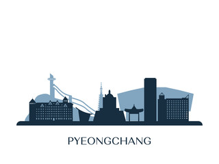 Pyeongchang skyline, monochrome silhouette. Vector illustration.