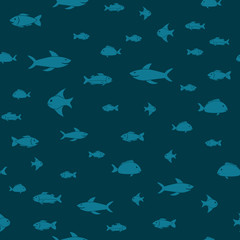 Fish themed freehand drawings seamless pattern. Hand drawn fish elements doodles design for wallpapers, wrapping, backgrounds. Vector illustration.