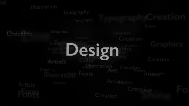 Black background with different words, which deal with design. Close up. Copy space. 3D. Animatiom. 4K.