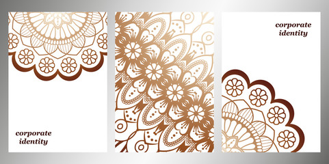 Set of flyer, cover elements of mandala pattern. Oriental motif. Hand painted texture background. Wedding invitations, cards and business templates. Decorative card design printing. Vector EPS 10