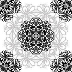 Women's lace seamless brush tape. Floral exquisite vintage pattern, wide handmade ornament. Ethnic fabrics, motifs for clothing, clothing, packaging, signage and website. black-white. Vector EPS 10