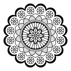 Black and white round ethnic mandala, vector illustration on white background. Can be used for coloring book, greeting card, phone case print, etc. Islam, Arabic, Pakistan, Moroccan, Turkish motifs