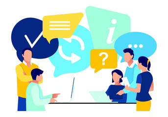 Team leaders are sitting at the desk, talking and looking into the computer, tablet and telephon. Increase sales and skills, thinking and brainstorming, analytics of company information.