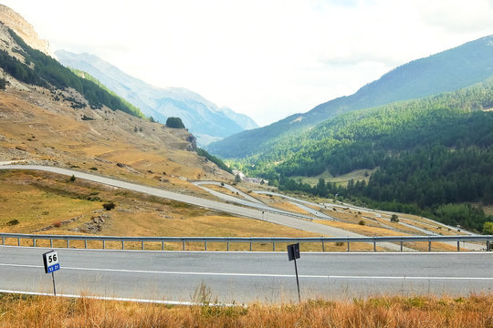 Colle della Maddalena (Piedmont, Italy), mountain landscape, winding road on italian-french border. Province of Cuneo, Italy.